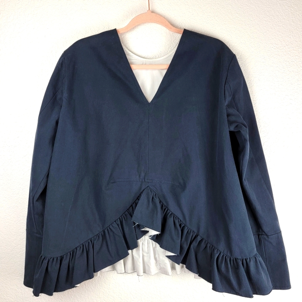 NWT Marni Long Sleeve Ruffle Back Cotton Drill Crepe Top Navy 42/6